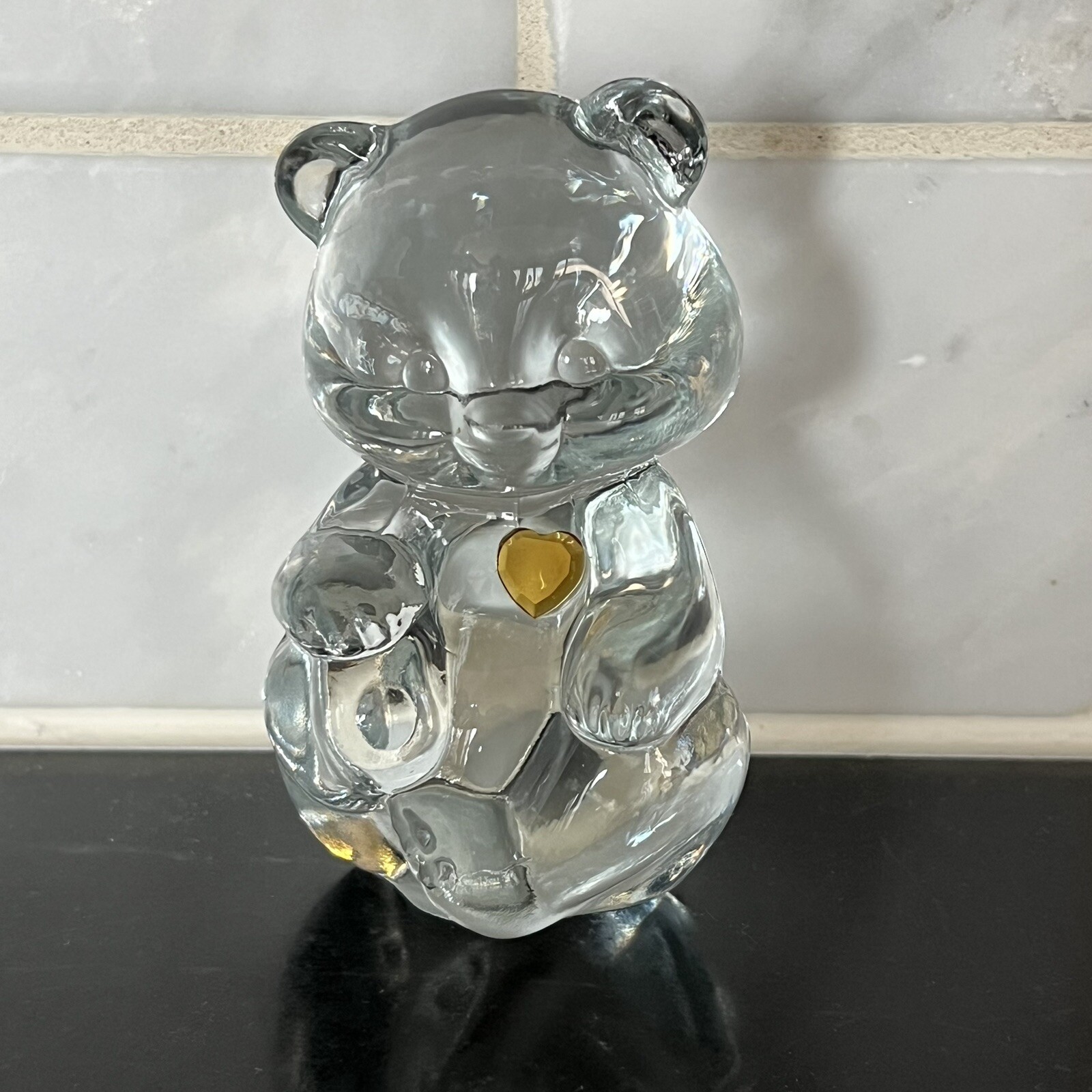 Signed Fenton Art Glass November Birthday Bear Figurine Yellow Heart