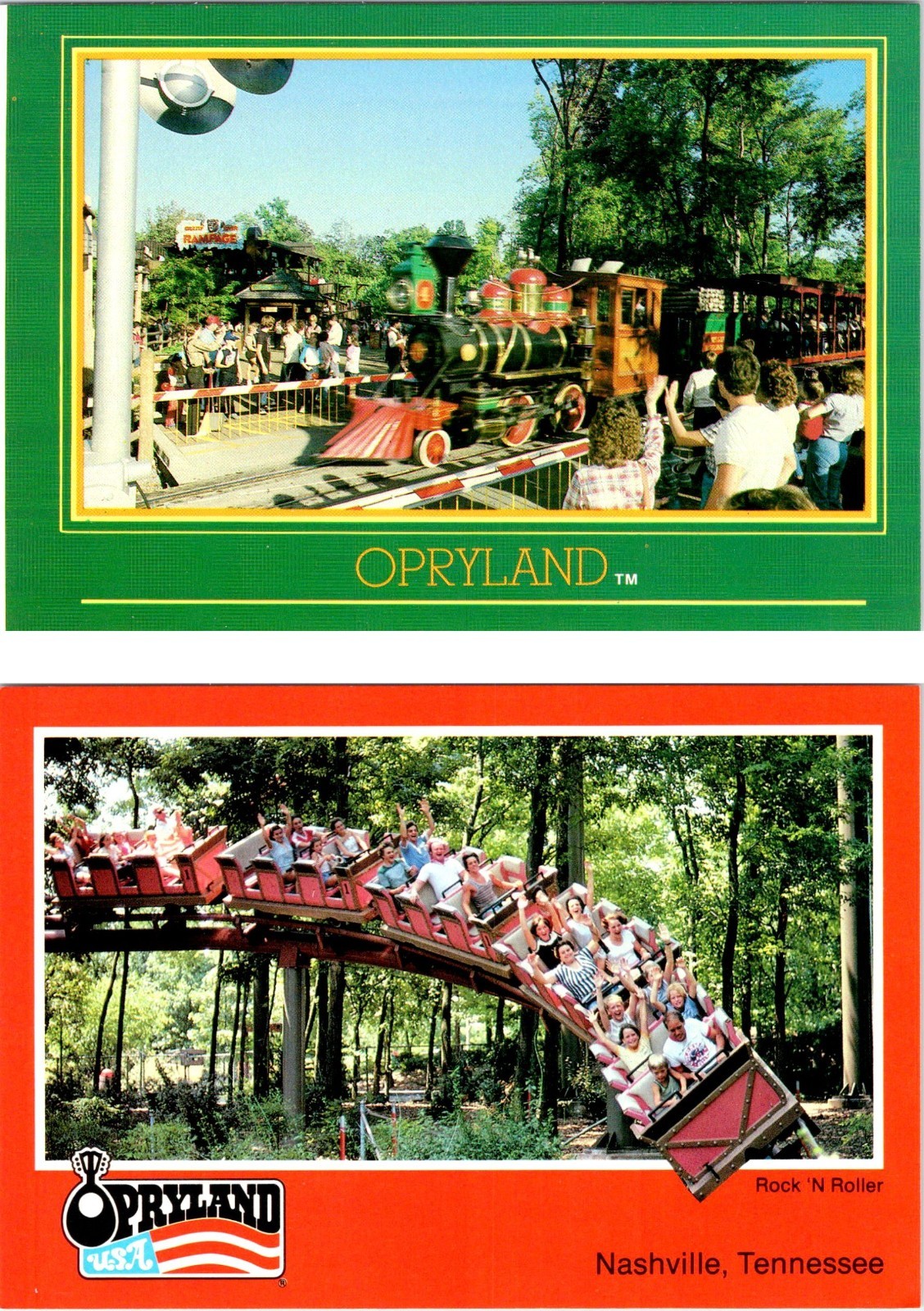 2~4X6 Postcards TN Nashville OPRYLAND AMUSEMENT PARK Train~Rock N Roller Coaster