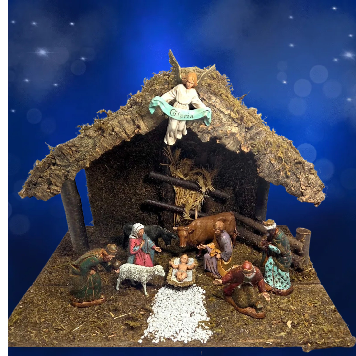 Vtg Italian Nativity Set Moranduzzo Landi, 10 Figures, Wood Moss Stable Org Box