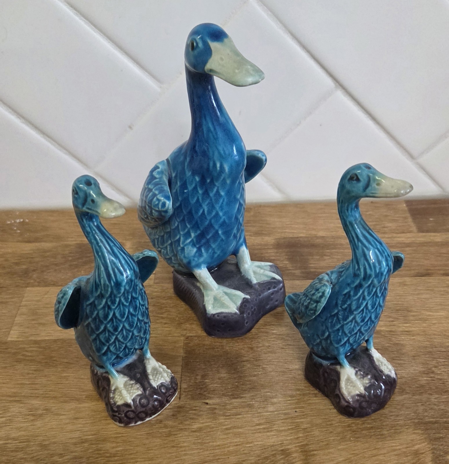 Set Of 3 , 1 Lg Japanese And 2 Sm Chinese Blue Porcelain Ducks Vintage