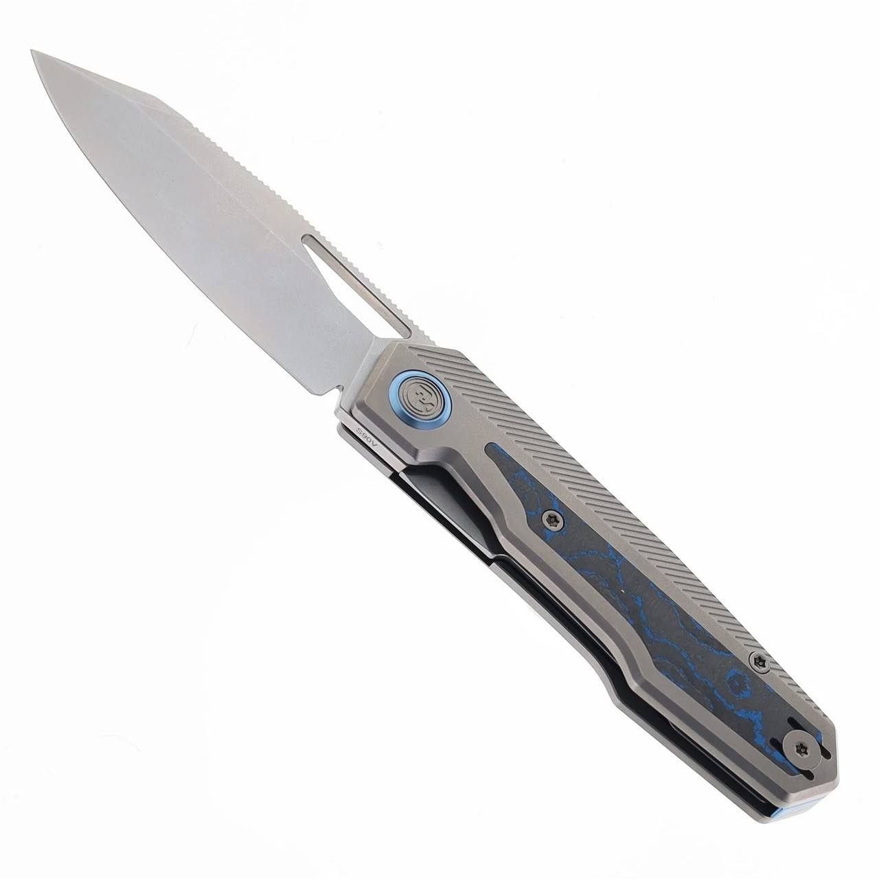 DIVO KNIVES SALOON TITANIUM W/ BLUE CAMO CARBON INLAY S90V (SERIALIZED #55/100)