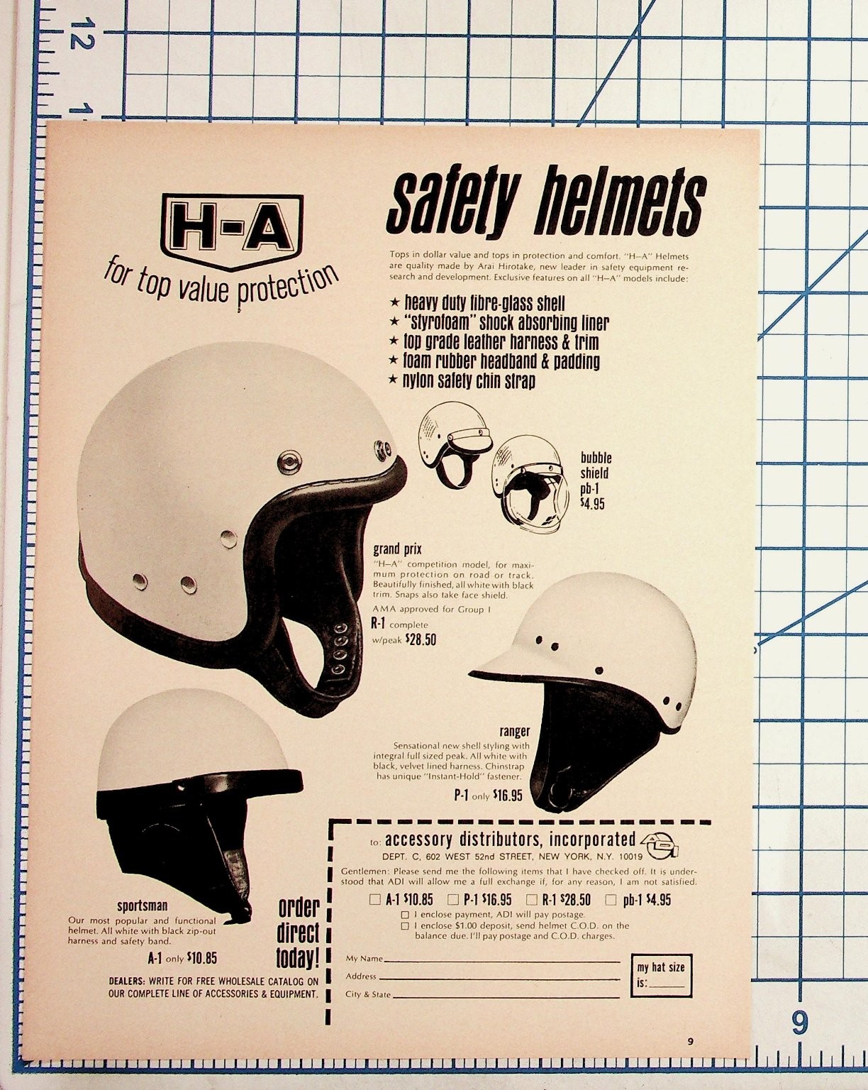 Vintage H-A Safety Helmets Motorcycle Ad Magazine Page New York NY
