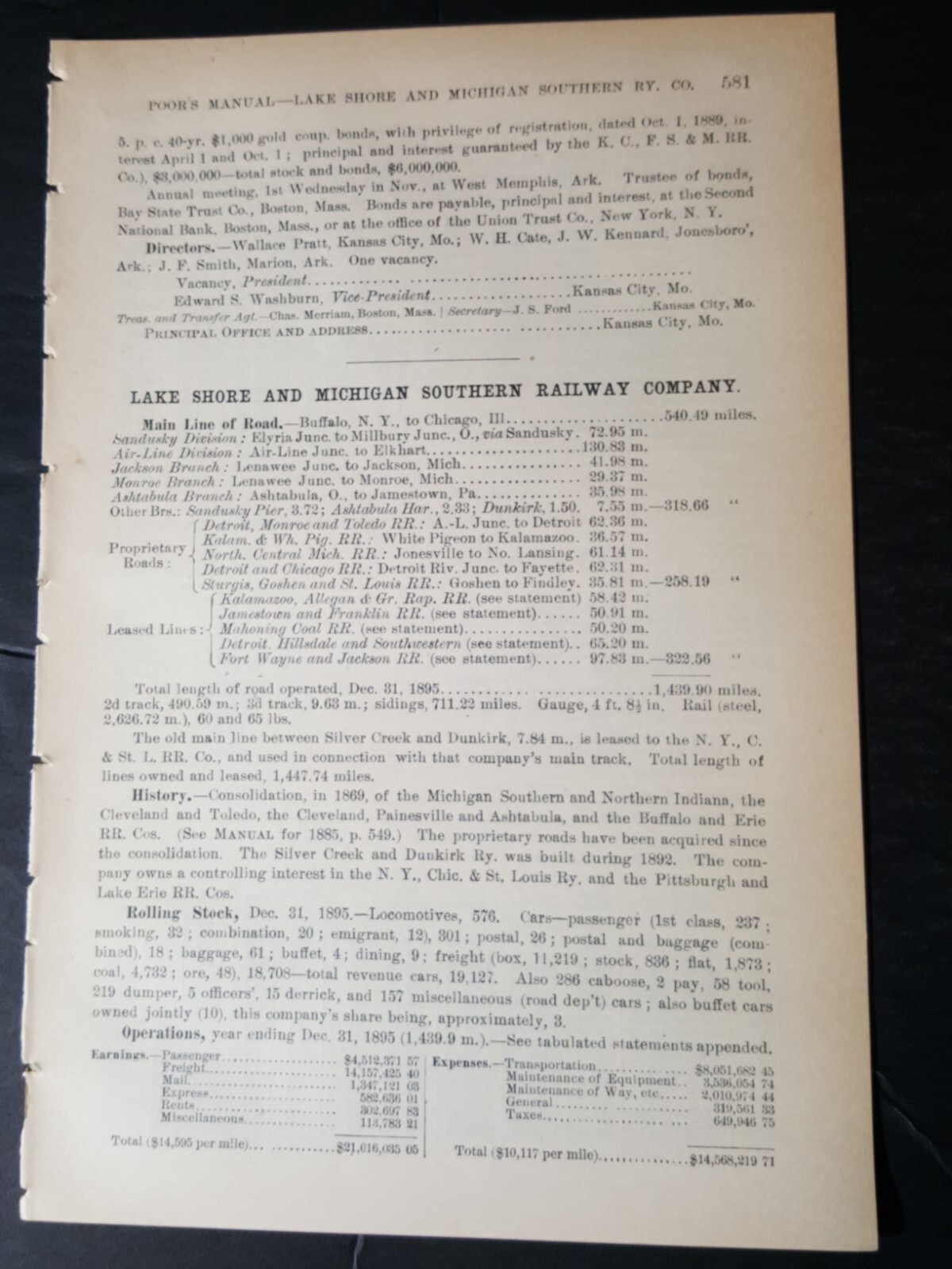 ◇1896 train report LAKE SHORE & MICHIGAN SOUTHERN RAILWAY Elkhart Lenawee Mich