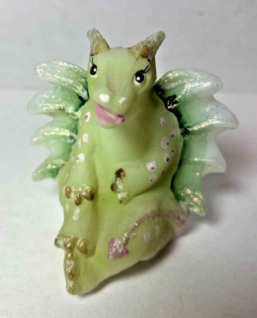 FENTON art glass LIMA THE LITTLE GREEN DRAGON figurine, painted, glitter, EUC
