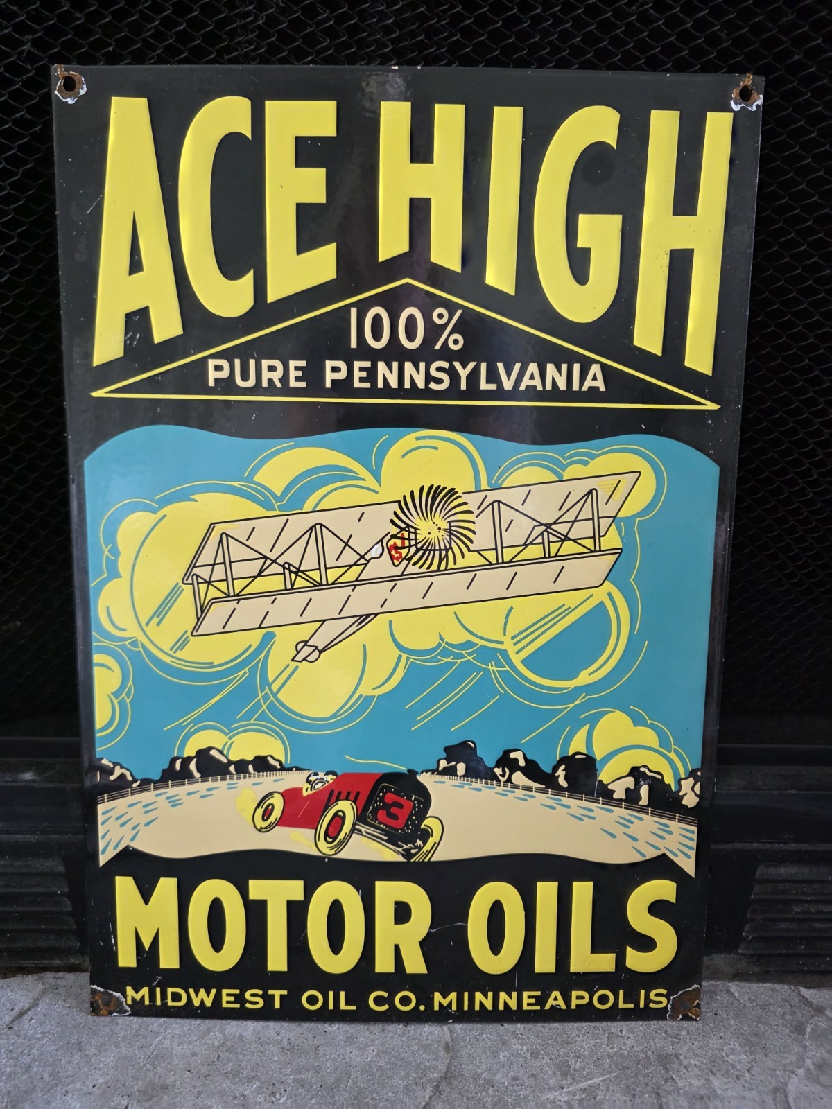 VINTAGE ACE HIGH MOTOR OILS PORCELAIN METAL GASOLINE SIGN MINNEAPOLIS APPX 17x12 VINTAGE ACE HIGH MOTOR OILS PORCELAIN METAL GASOLINE SIGN MINNEAPOLIS APPX 17x12