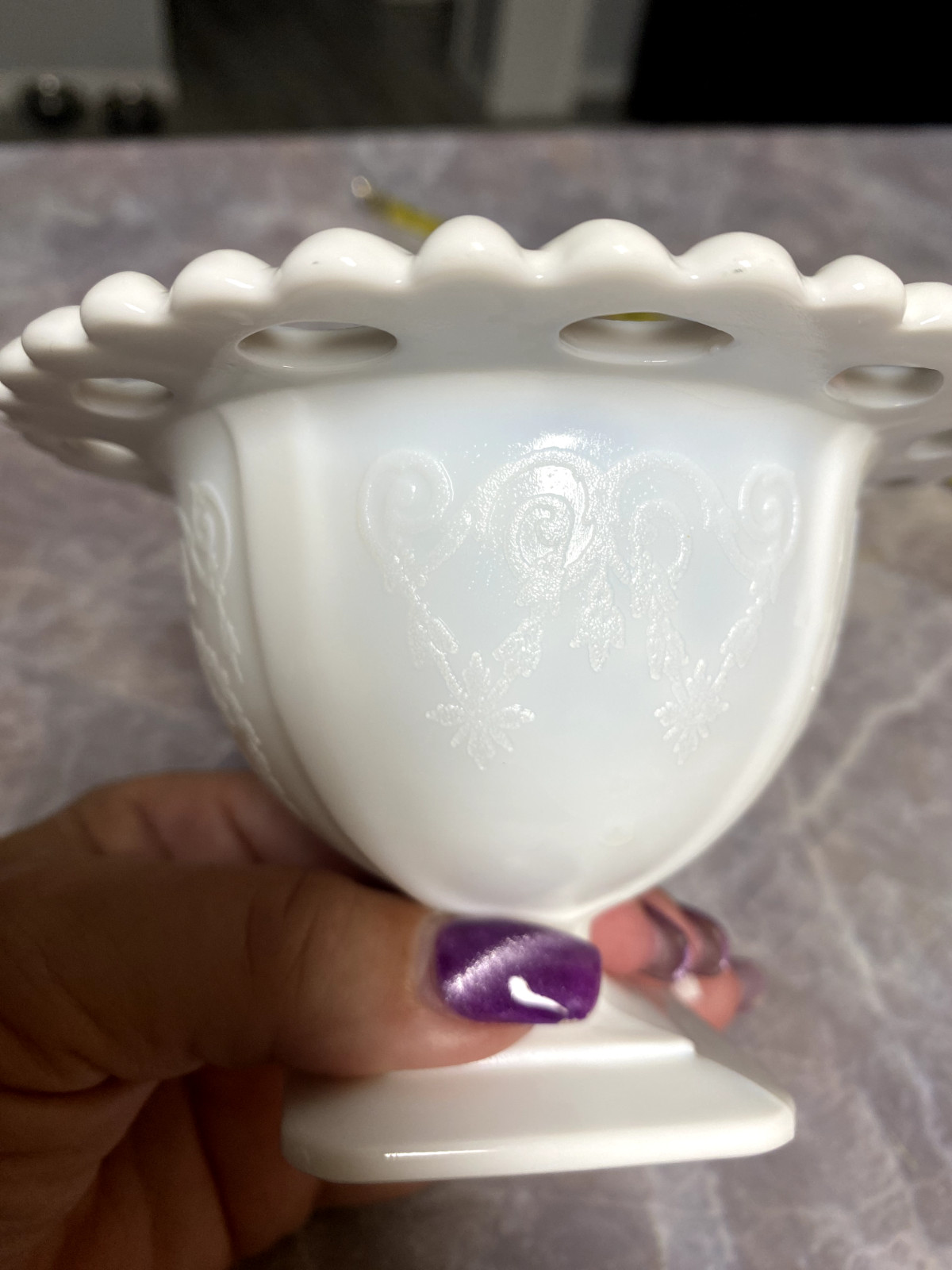 Lorraine Milk Glass Lace Edge Pedestal Compote  