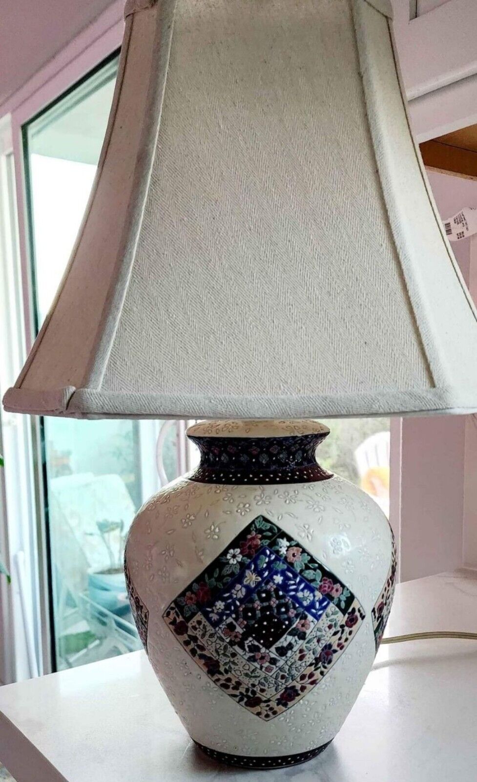 Vintage Asian Ceramic Pottery Floral Patchwork Design Table Lamp