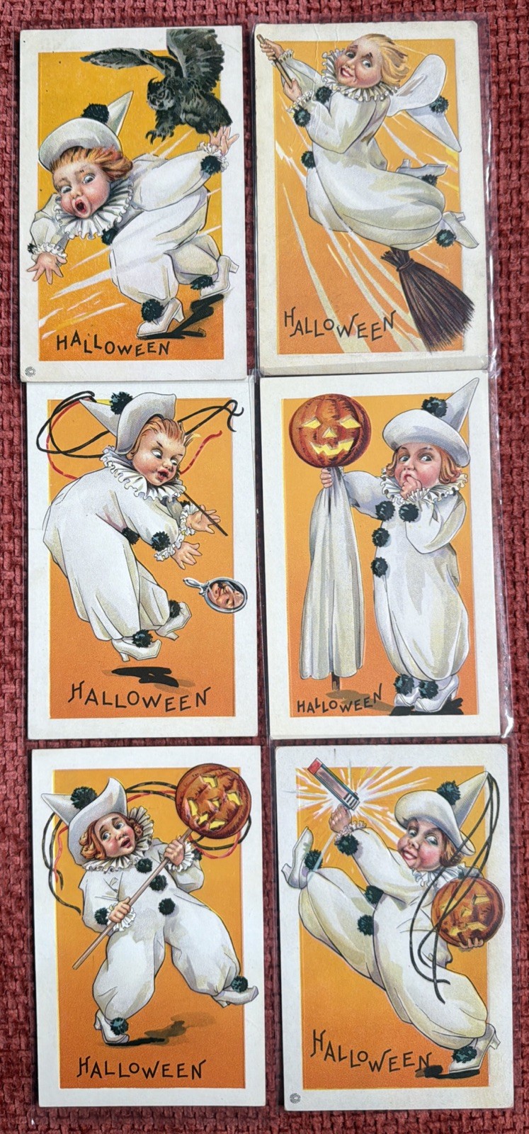 Complete Stecher Lithographic Halloween Clown Series A-F 6 Antique Postcard Set