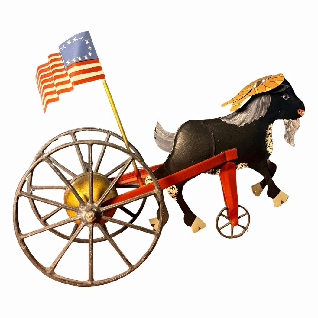 Antique Gong Bell Co Goat Pull Toy Mechanical Chime Flag Working American Flag