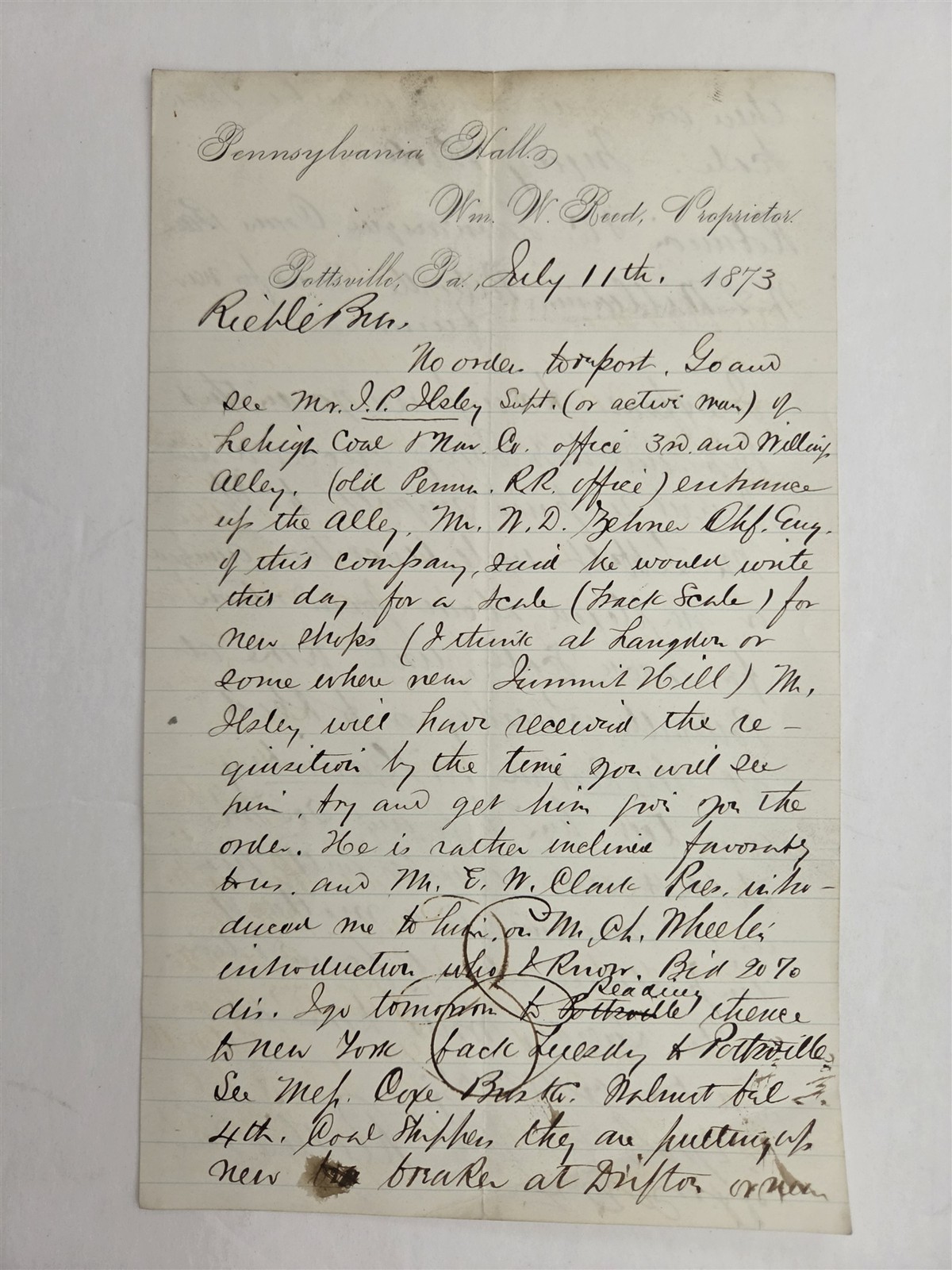 1873 antique PENNSYLVANIA HALL pottsville READING RR LEHIGH COAL RAILROAD LETTER
