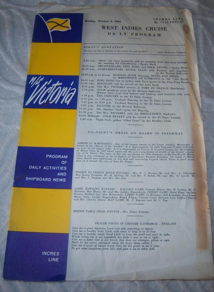 Vintage Incres Line M/S Victoria Cruise Daily Program October 2, 1961