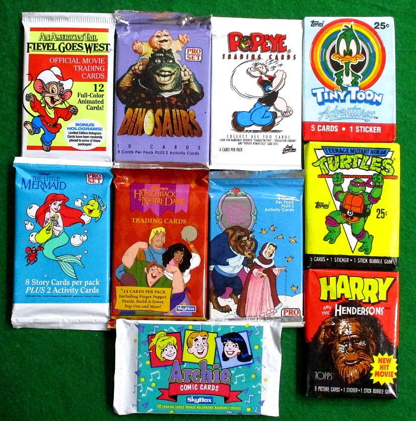 VINTAGE WAX & FOIL SEALED CARD PACK LOT 10 DIFF. TMNT-LITTLE MERMAID-TINY TOONS+