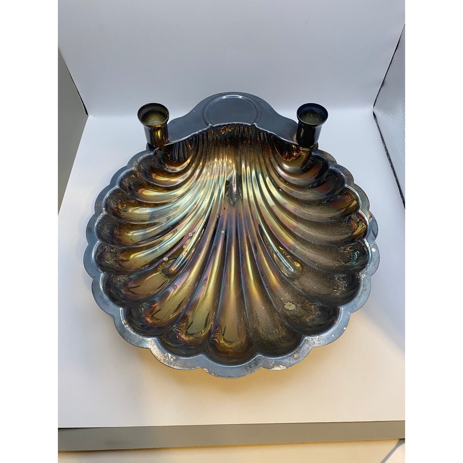 Vintage Silver Plate Shell Dish Candle Holder Grotto Maximalist Coastal Gothic