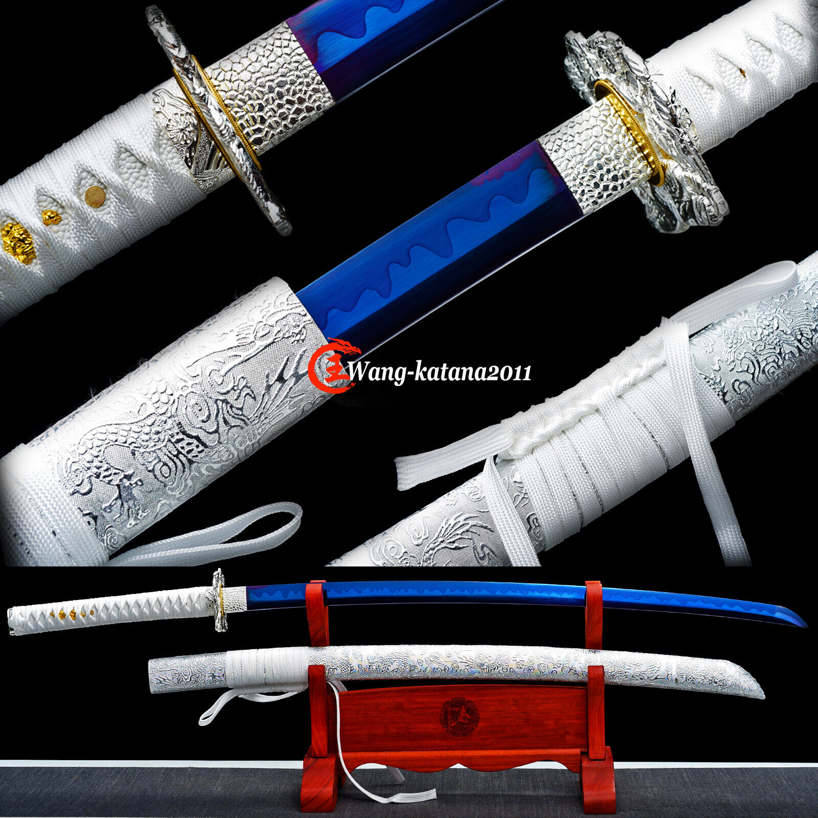 White Blue Full Tang Sword 1095Carbon Steel Battle Ready Japanese Samurai Katana