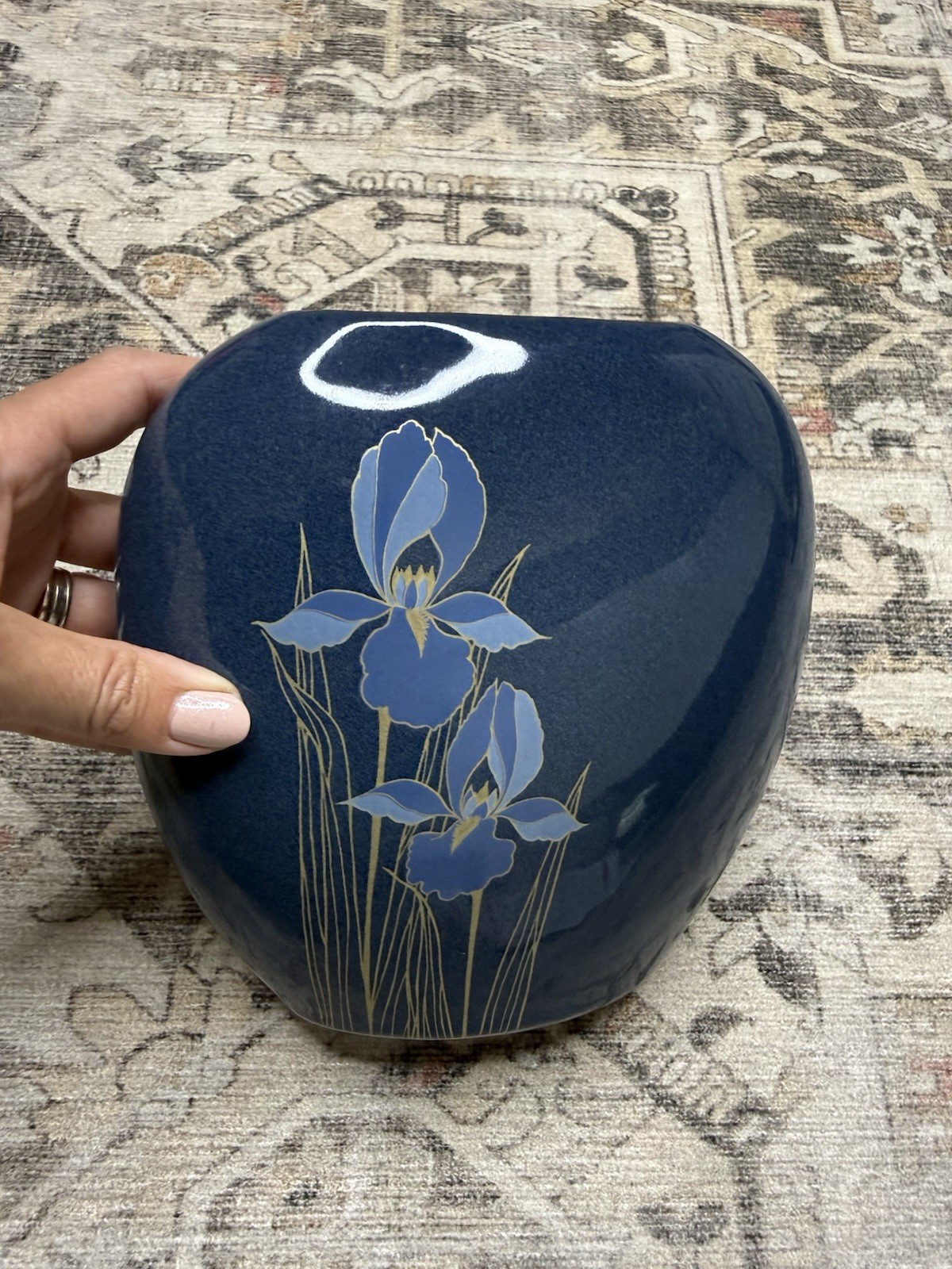 Vintage Otagiri Blue Iris Black Ceramic Oval Vase 1980s Japan Gold Trim 7.5 Inch