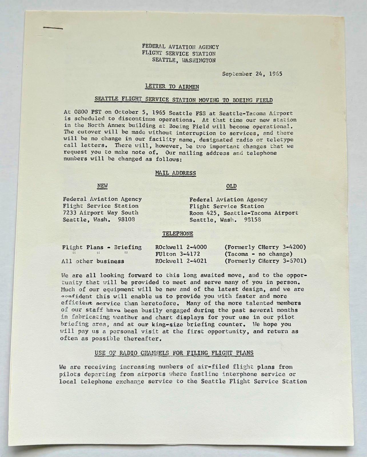 Vintage 1965 FAA Letter to Airmen Seattle Boeing Field Sea-Tac Aviation History