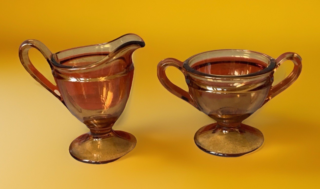 Vintage Fostoria Jamestown? Open Sugar Bowl & Creamer Handles Amber Footed Vintage Fostoria Jamestown? Open Sugar Bowl & Creamer Handles Amber Footed