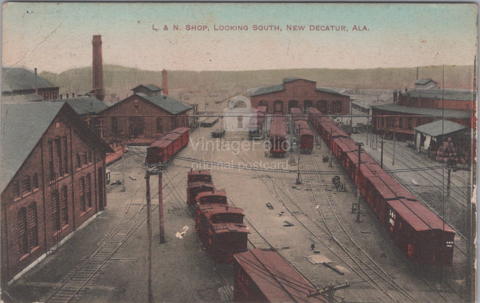 LN Railroad Shop Looking South New Decatur Alabama AL Freight Cars 1910 Postcard