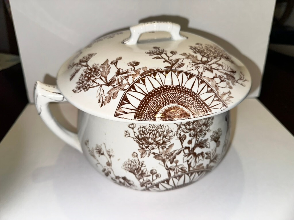 Antique Selborne Chamber Pot & Lid – Brown Floral Transferware – Victorian Era