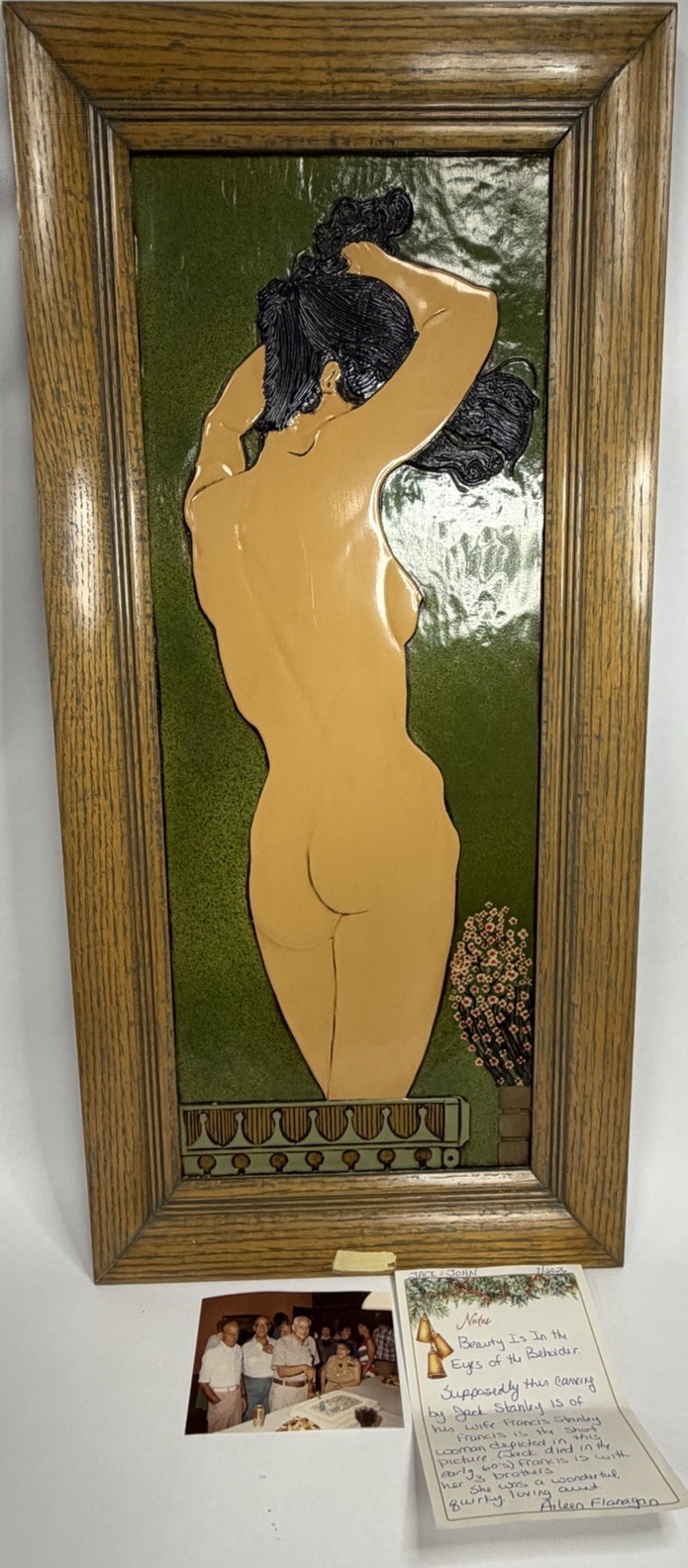 MCM Hand Carved Wood Relief Nude Woman Wall Art Green Oak Framed 30” x 16” C29