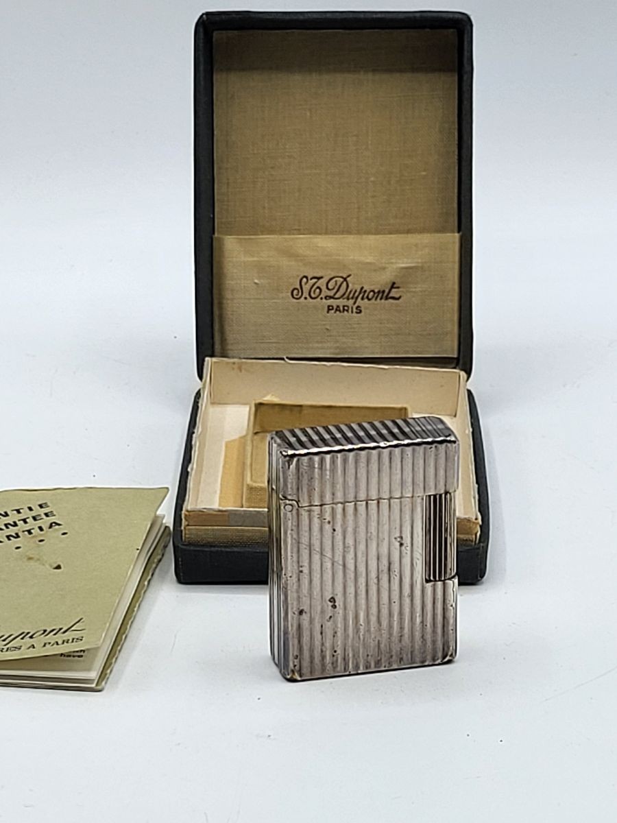 Antique S.T. Lighter Dupont Paris Silver Finish Case & Papers #xc28