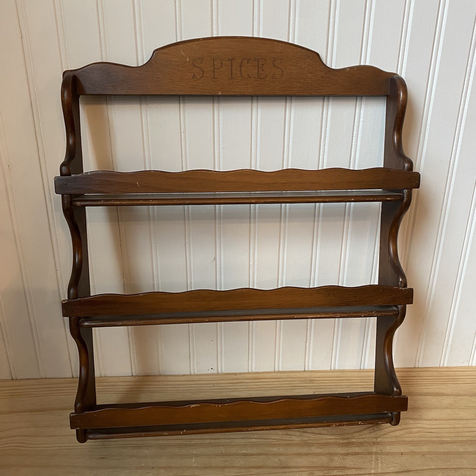 Vtg Wooden Three Shelf Spice Rack 15x19.25x2.75 Wall Mount Cottage Grandma Core