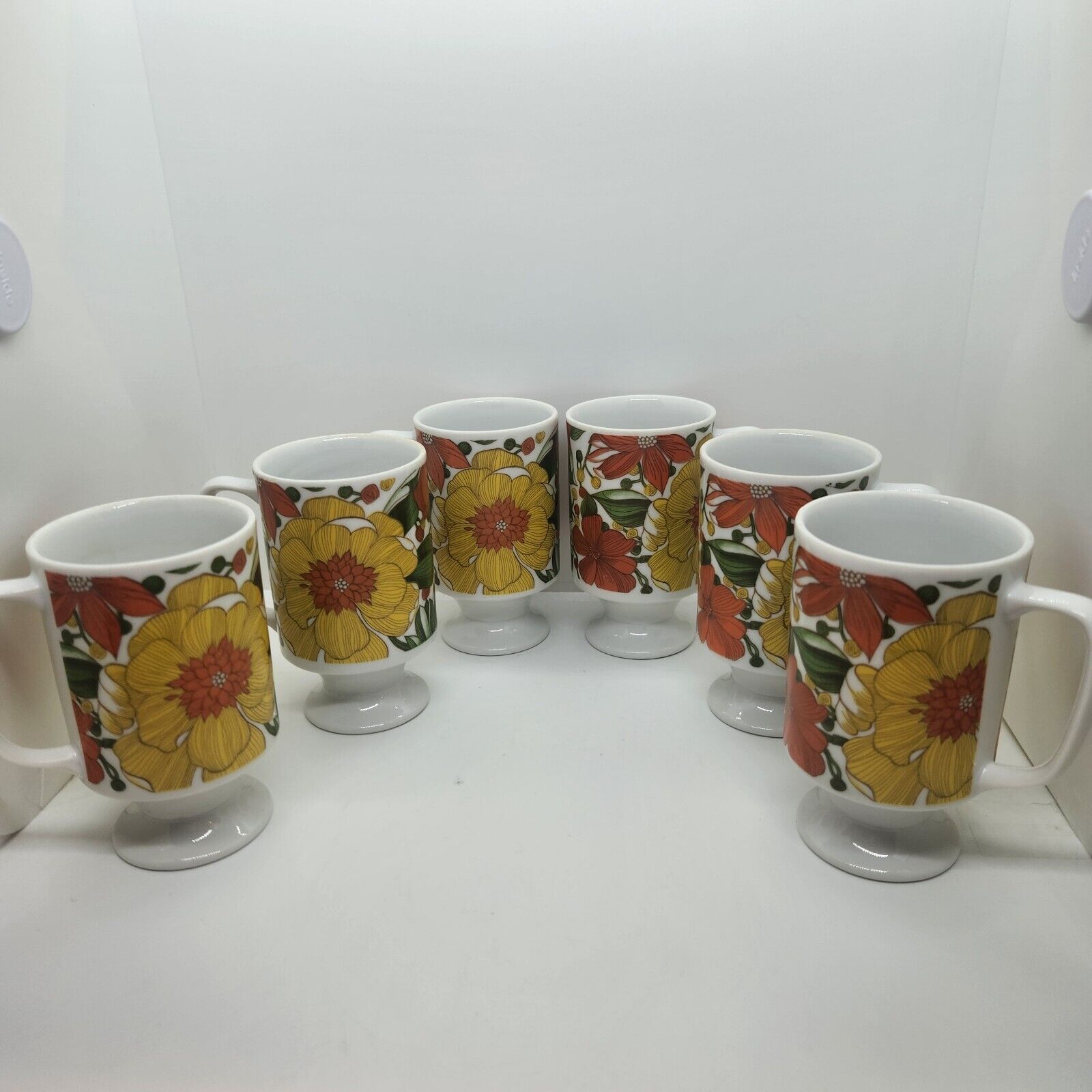 Vintage Footed Coffee Mugs Pedestal Green Yellow & Orange 1970\'s Flower Set of 6