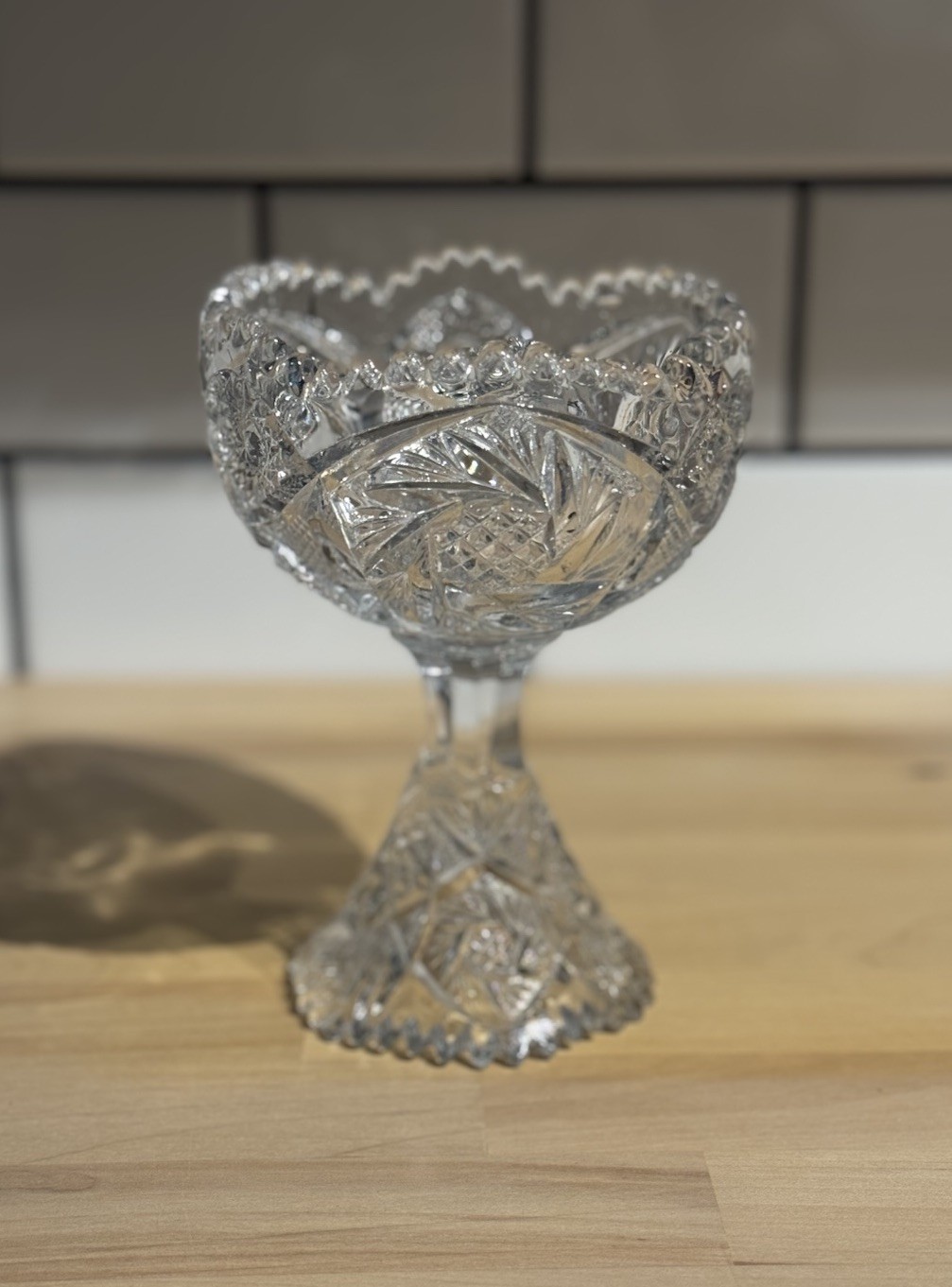 Antique Imperial Cut Glass Footed Compote Sawtooth Edges Candy Dish 6\