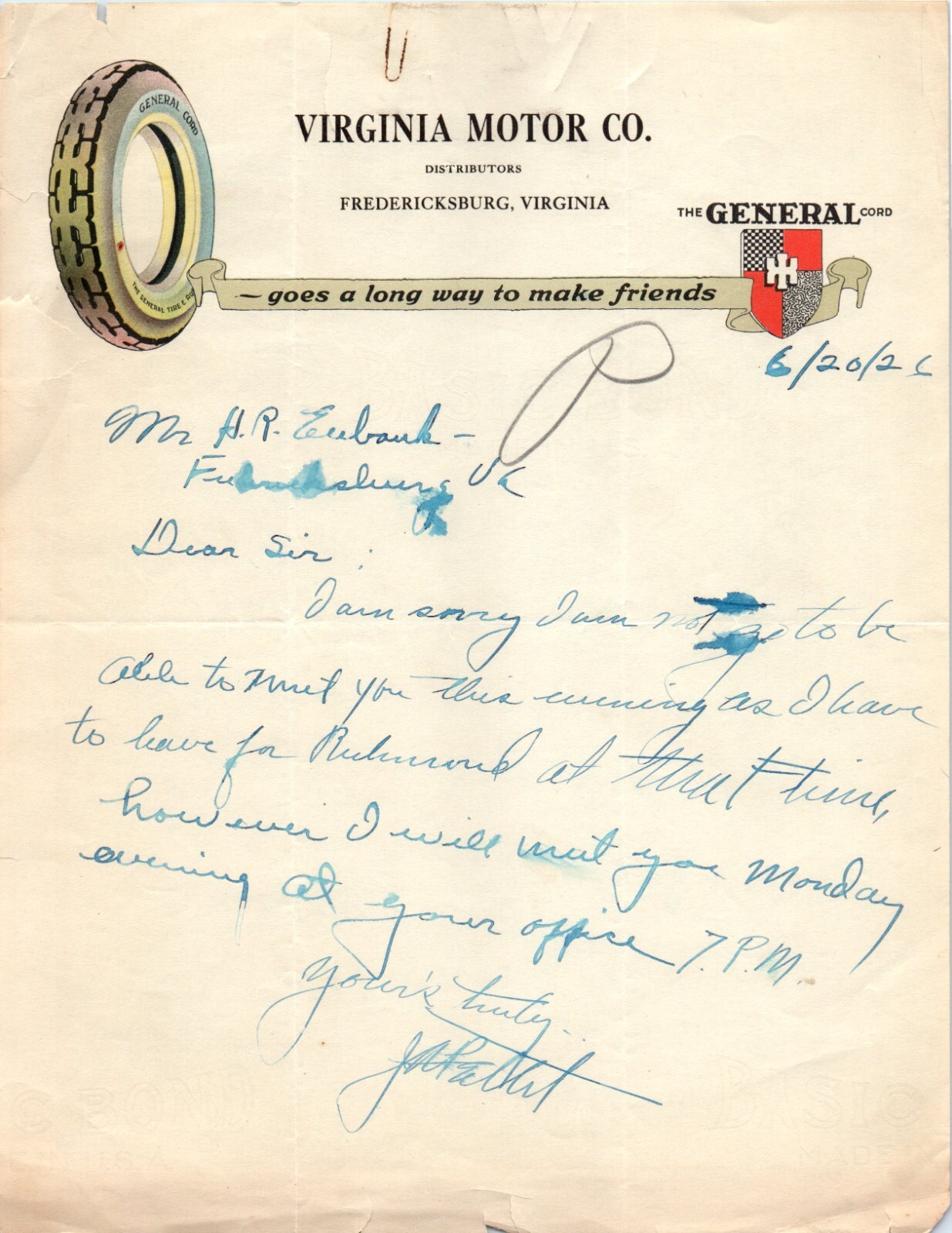 1926 Virginia Motor Co. Distributors Fredericksburg VA Bill Letterhead Billhead