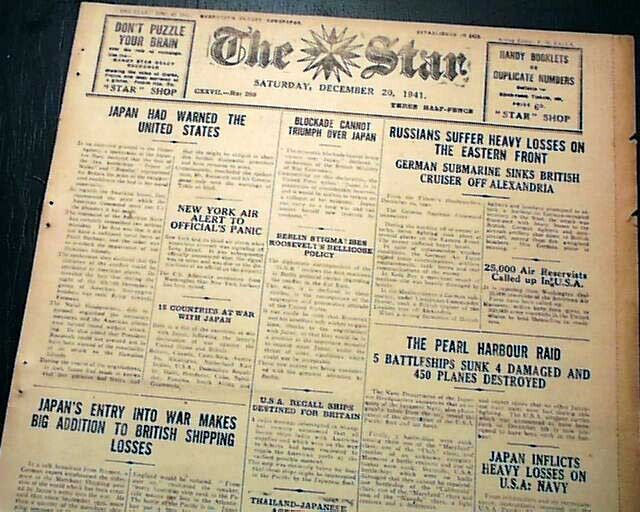 PEARL HARBOR ATTACK in Rare German Occupation 1941 Guernsey Island Newspaper 