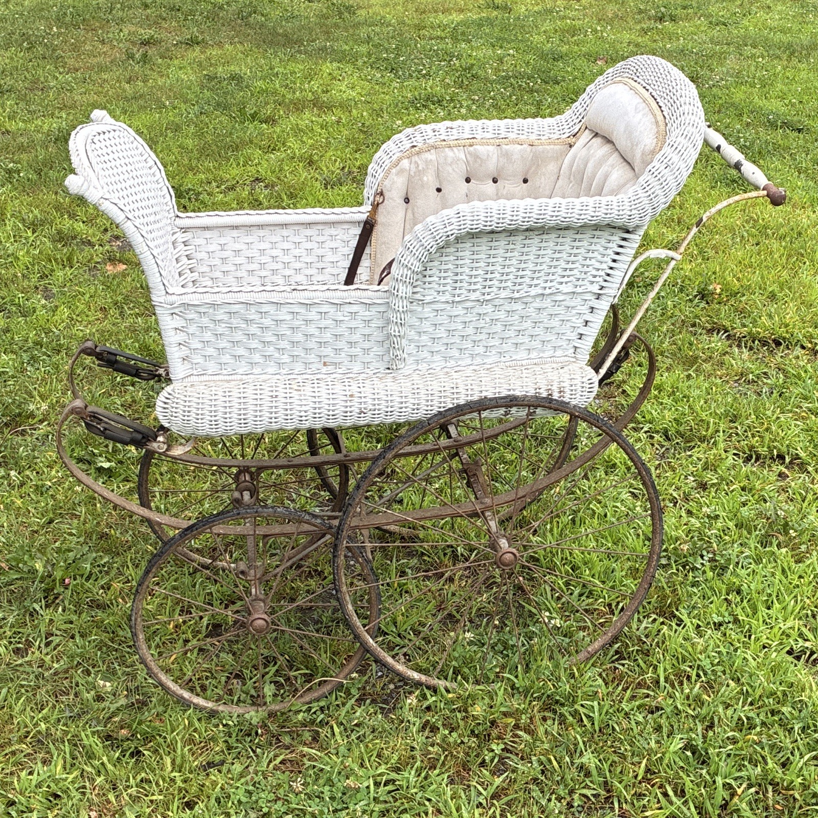 Vintage White Wicker Baby Carriage Pram, Metal Frame, Large Wheels