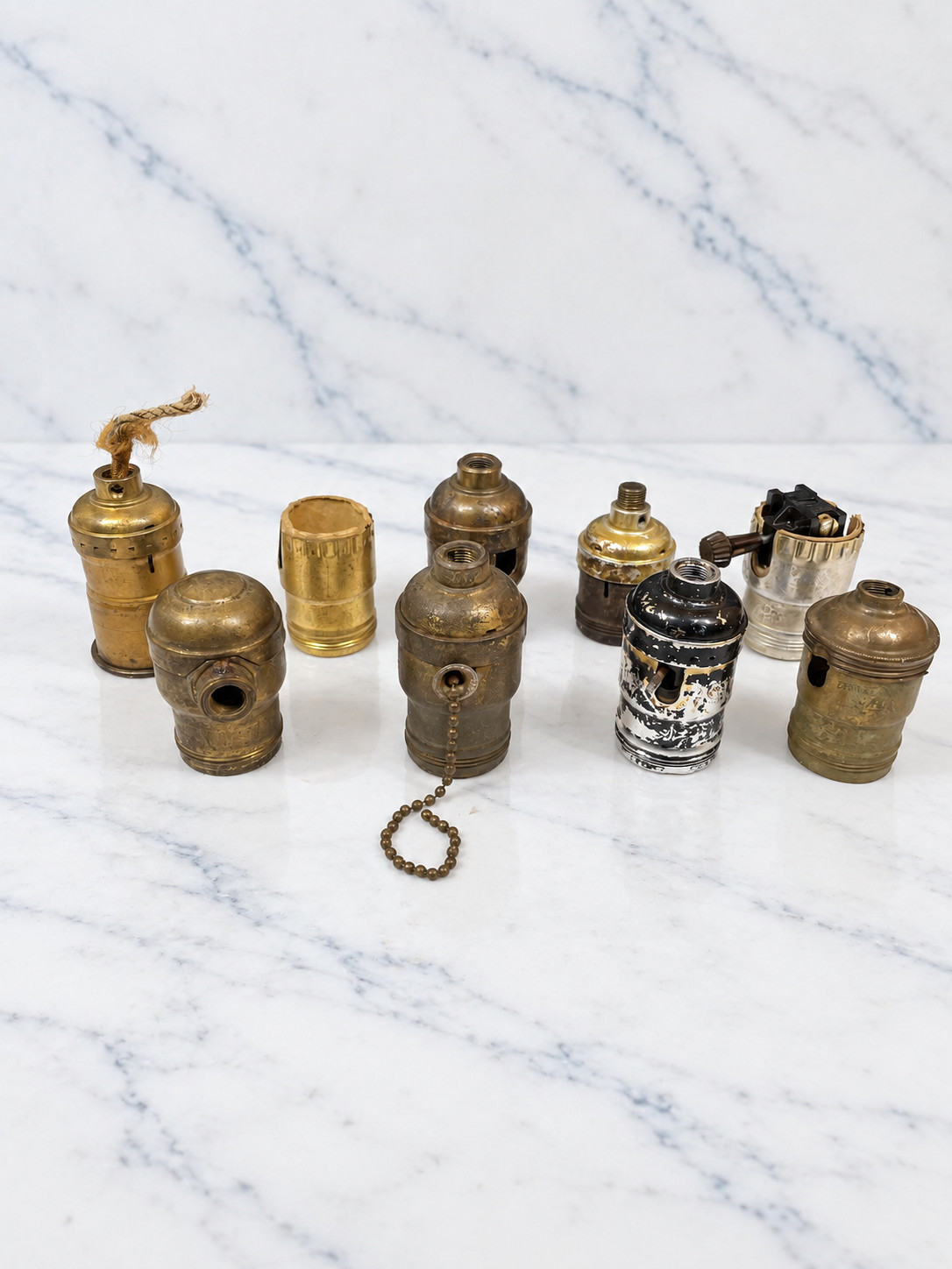 Lot of 9 Vintage Brass Lamp Light Sockets Parts Pull Chain Antique Restoration