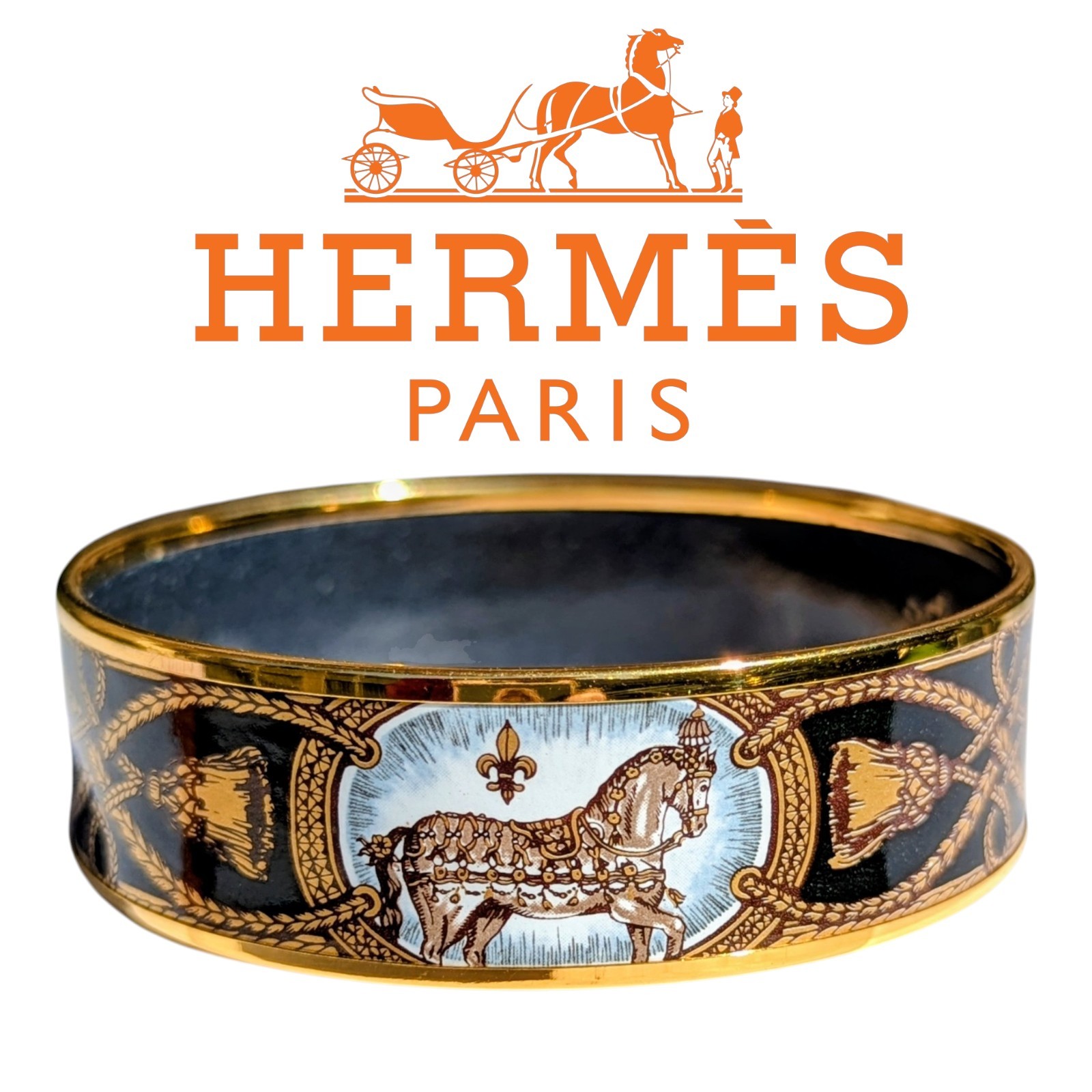 Hermès Enamel Bangle Cheval Grand Apparat Gold Vintage  w/Box 