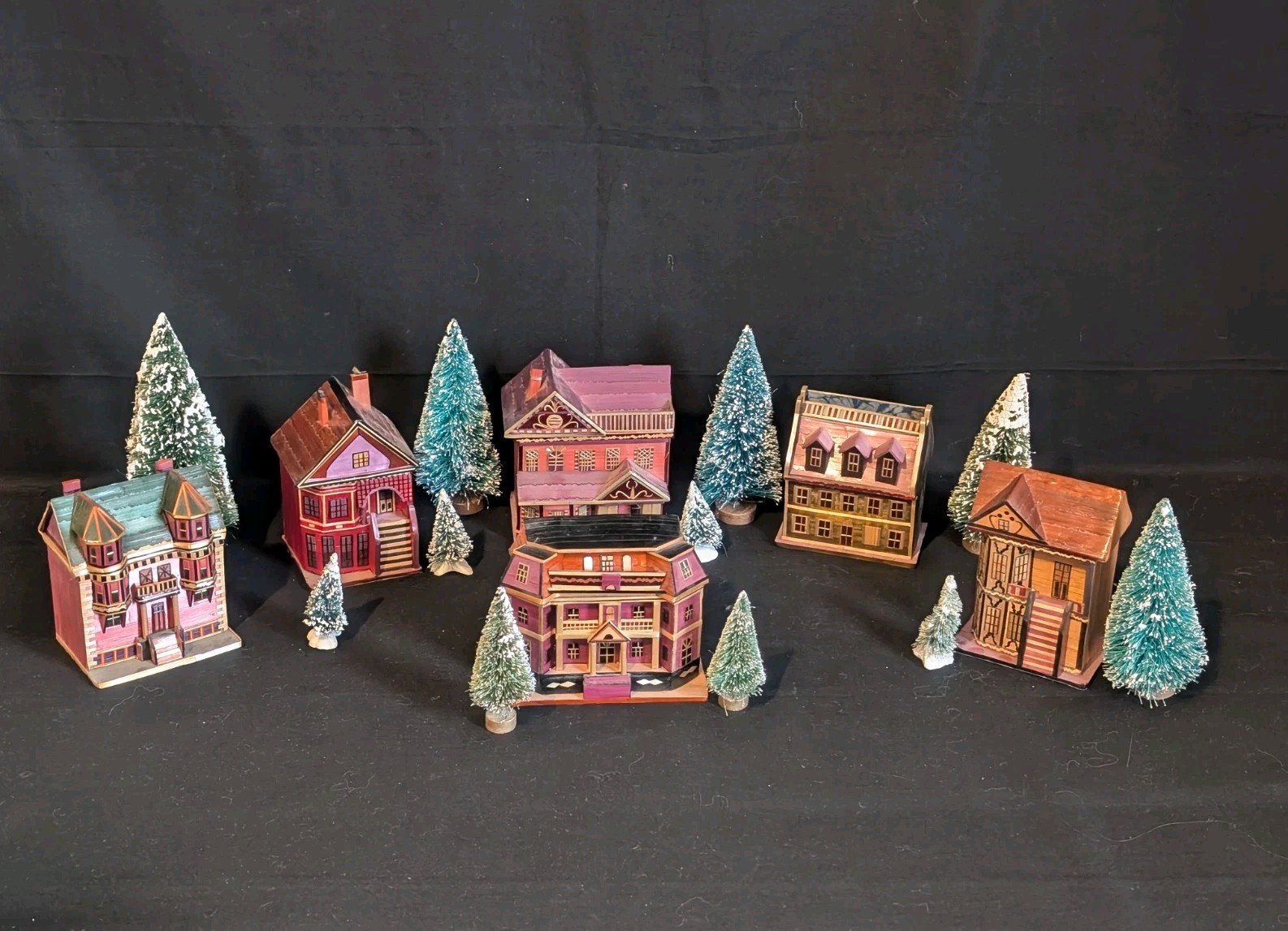 6 Vtg Wheat Straw Balsa Wood Marquetry House Trinket Boxes & Bottle Brush Trees 6 Vtg Wheat Straw Balsa Wood Marquetry House Trinket Boxes & Bottle Brush Trees