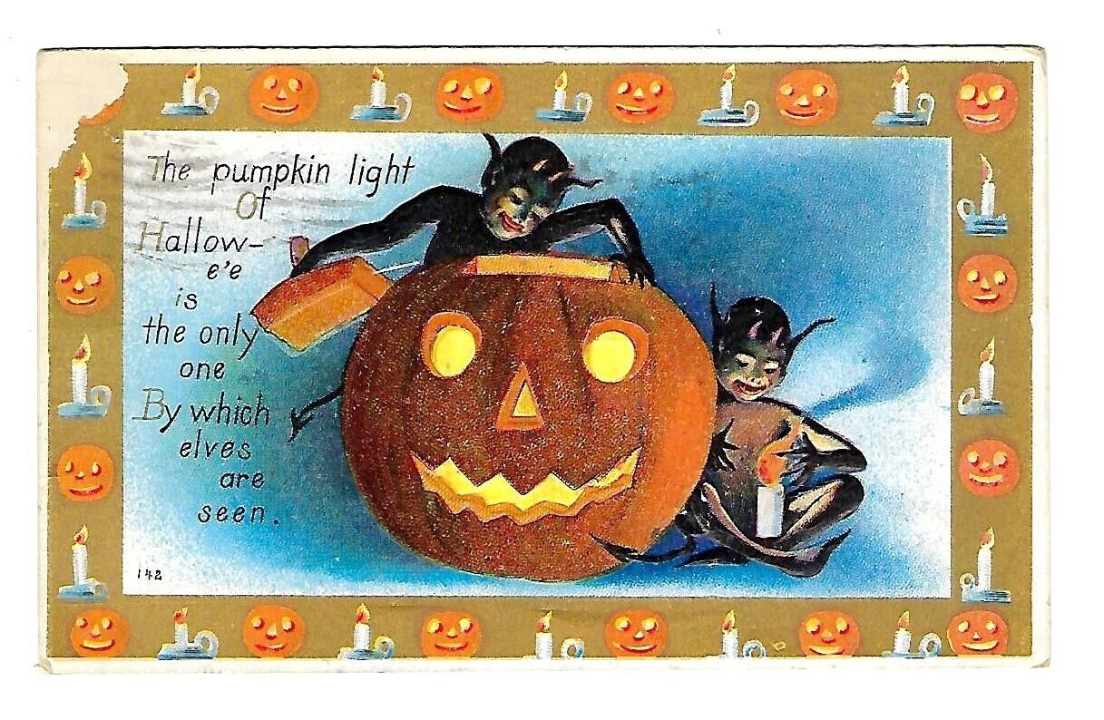 c1910 Halloween Postcard Candle Lighted JOL, Black Devils