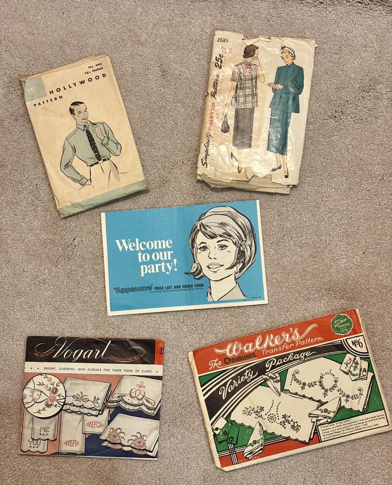 Lot Antique 2 Sewing/2 Transfer Patterns and Tupperware Price List/Order Form