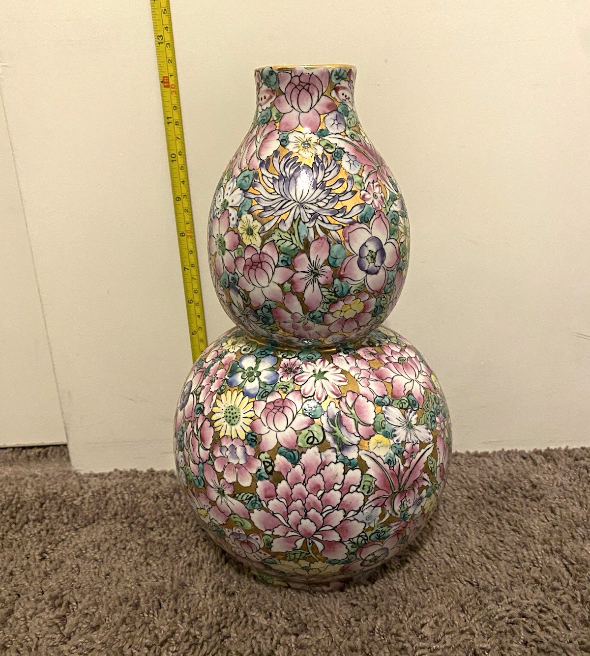 Vintage Chinese Millefleur Double Gourd Porcelain Vase Qianlong Mark 13” Floral