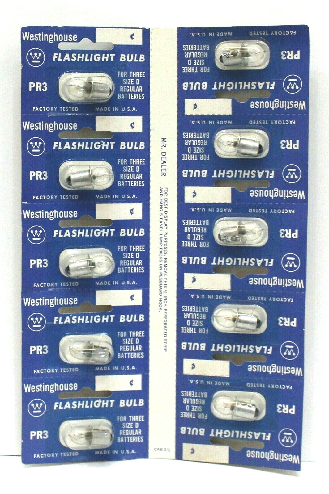Vtg Westinghouse PR3 Flashlight Bulbs 4.5V Store Display card of 10 NOS 60s BOGO