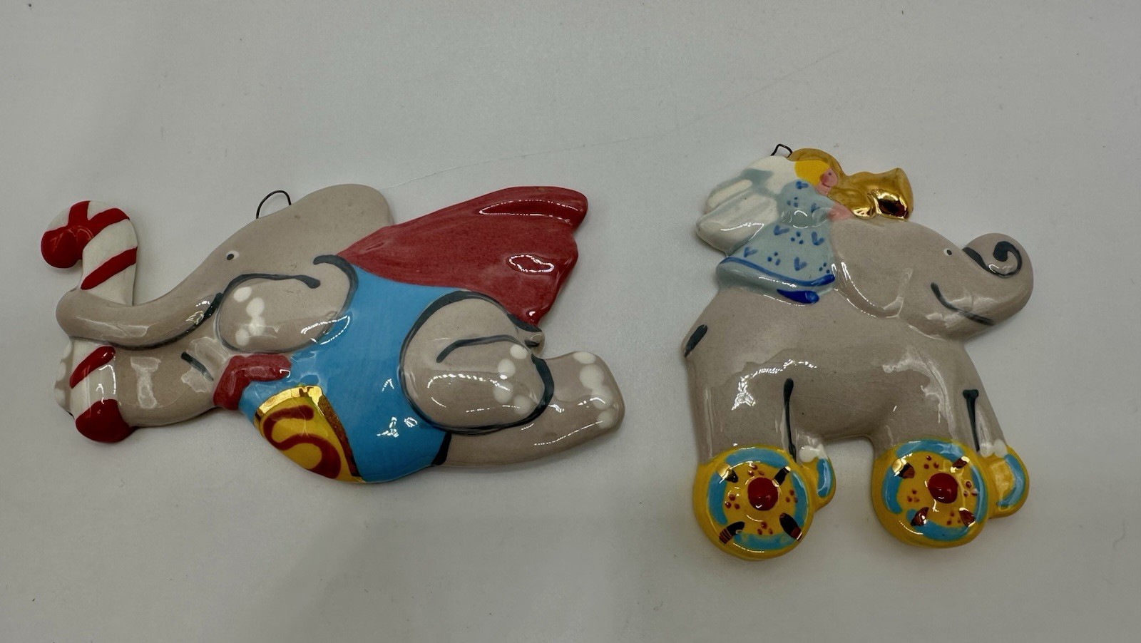 RARE* 2 Vintage Lindt-Stymeist Circus Elephant Ornaments Superhero Angel NOS