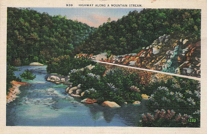 Postcard NC: Highway Along a Mountain Stream, Linen Posted 1945 Postcard NC: Highway Along a Mountain Stream, Linen Posted 1945