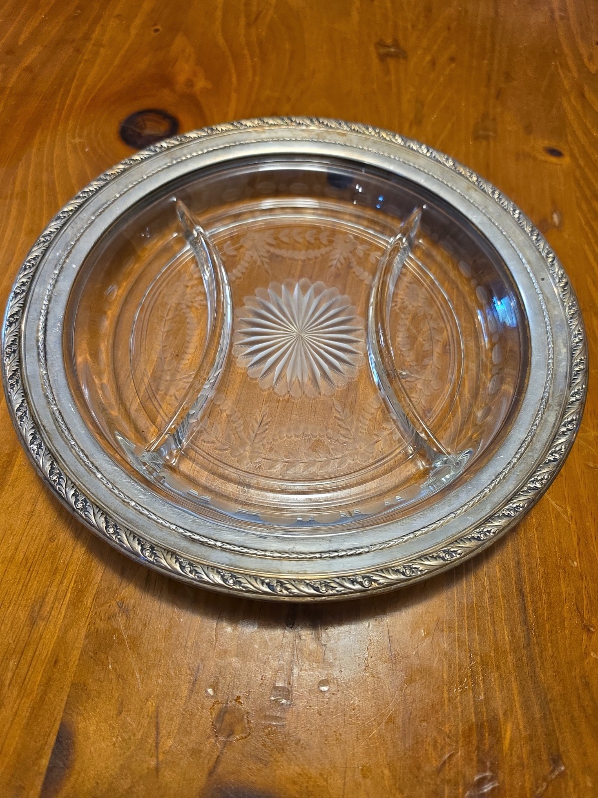 Wallace Sterling Silver 3961 Wheel Cut Glass Platter Dish Manganese Peach Glow