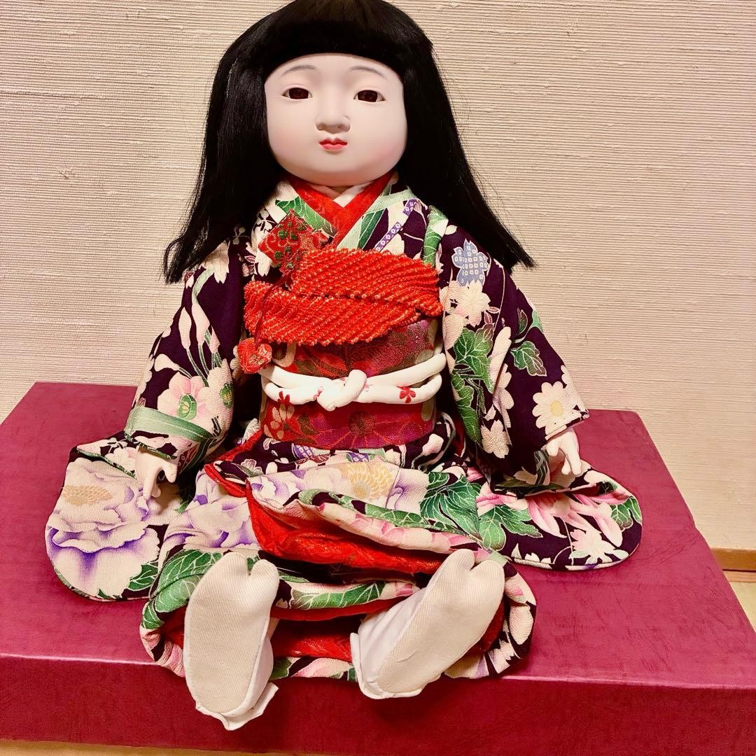 Ichimatsu Doll Japanese Antique Girl Sitting Furisode Purple Kimono Used