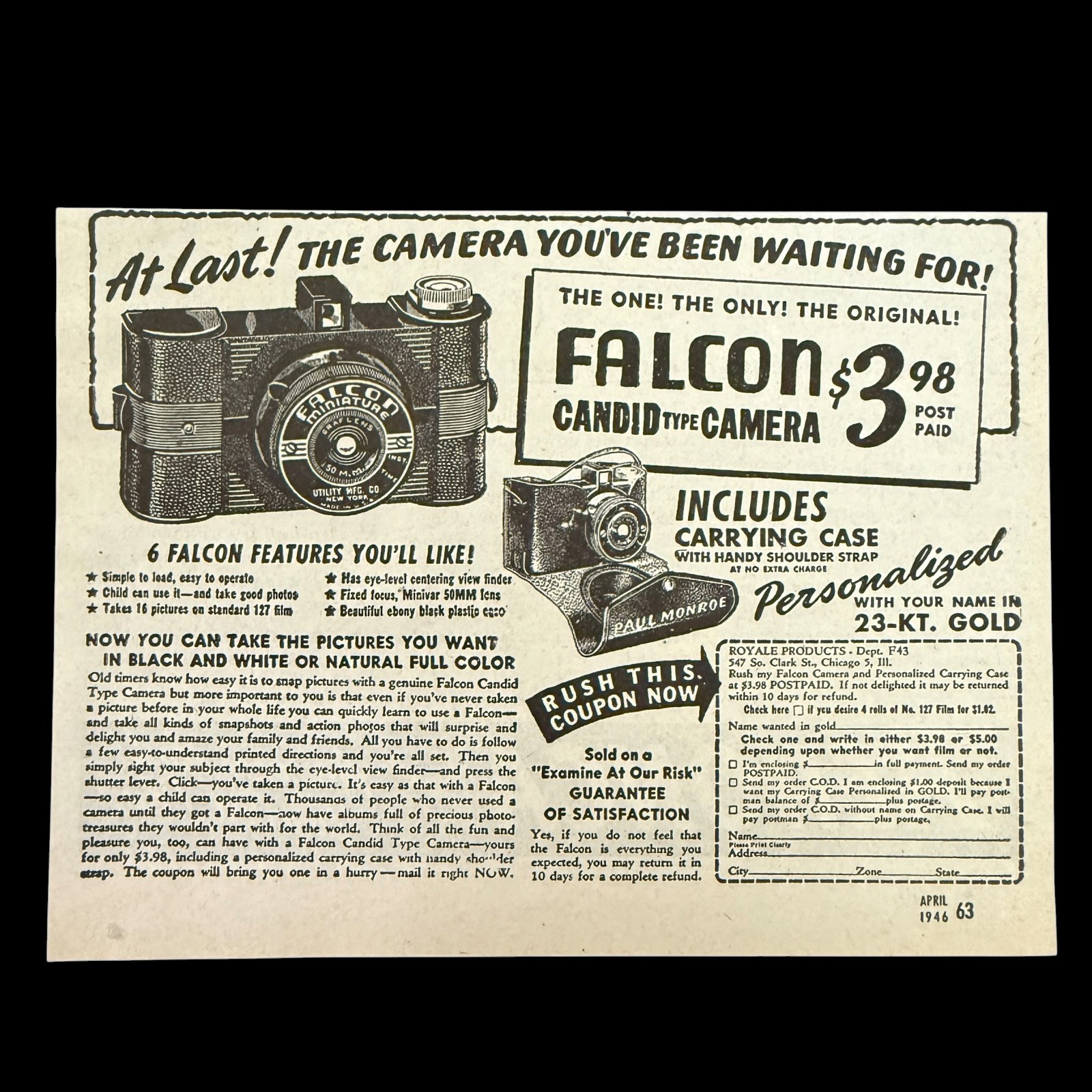 Vintage 1946 Falcon Candid Camera Mail Order Magazine Ad Photography #736