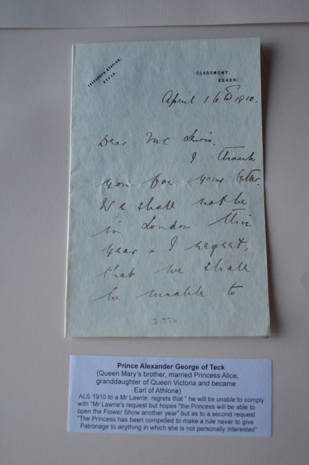 Earl of Athlone Prince Alexander George of Teck Autographed Letter 1910