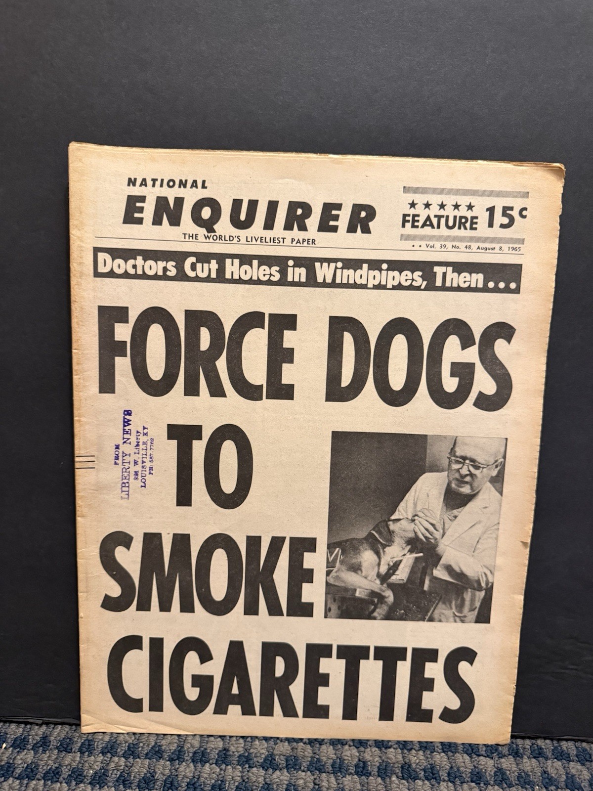 1965 Aug 8th National Enquirer Newspaper,  Dogs Forced Smoke/Cigarettes (VRN10J)