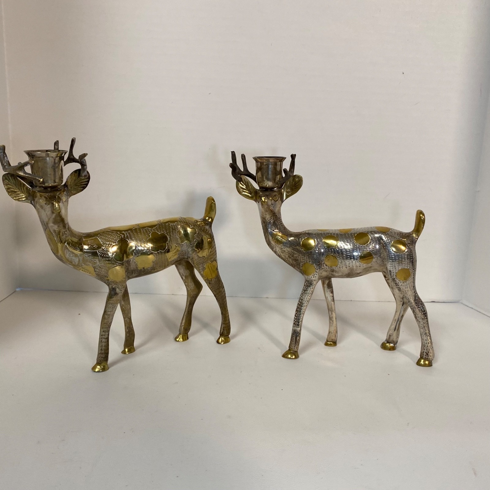 2 Shiny Brass and Silver Deer Taper Candle Holders • Heavy 2 Shiny Brass and Silver Deer Taper Candle Holders • Heavy