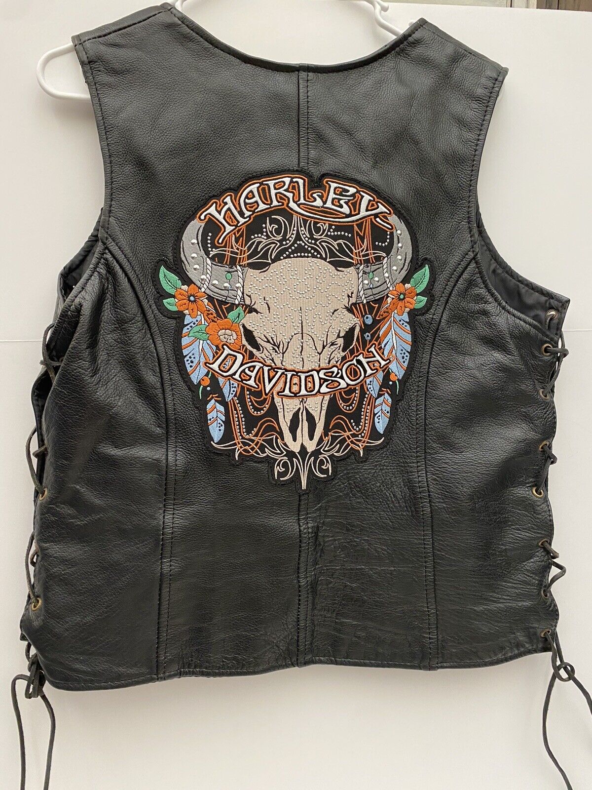 Unik Premium Black Leather Vest With Custom Harley Davidson Patch Adult Size M