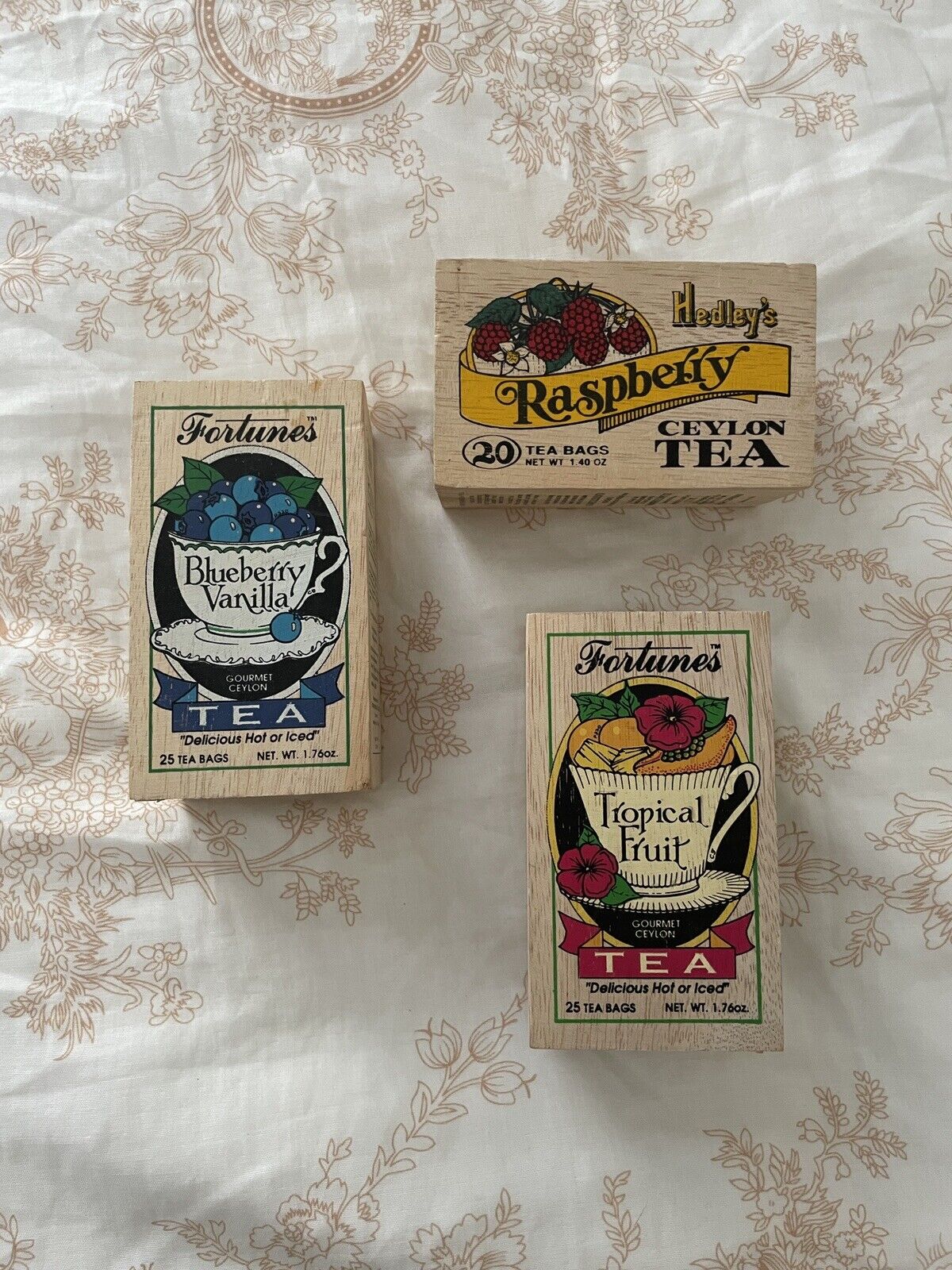 Vtg Cottagecore Set of 3 Wooden Tea Box Hedley\'s Fortunes Lid Slide Fruit Decor