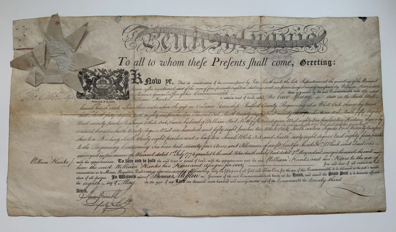 THOMAS MIFFLIN—SIGNER OF THE U.S. CONSTITUTION—1799 PENNSYLVANIA “CAVE SPRING”