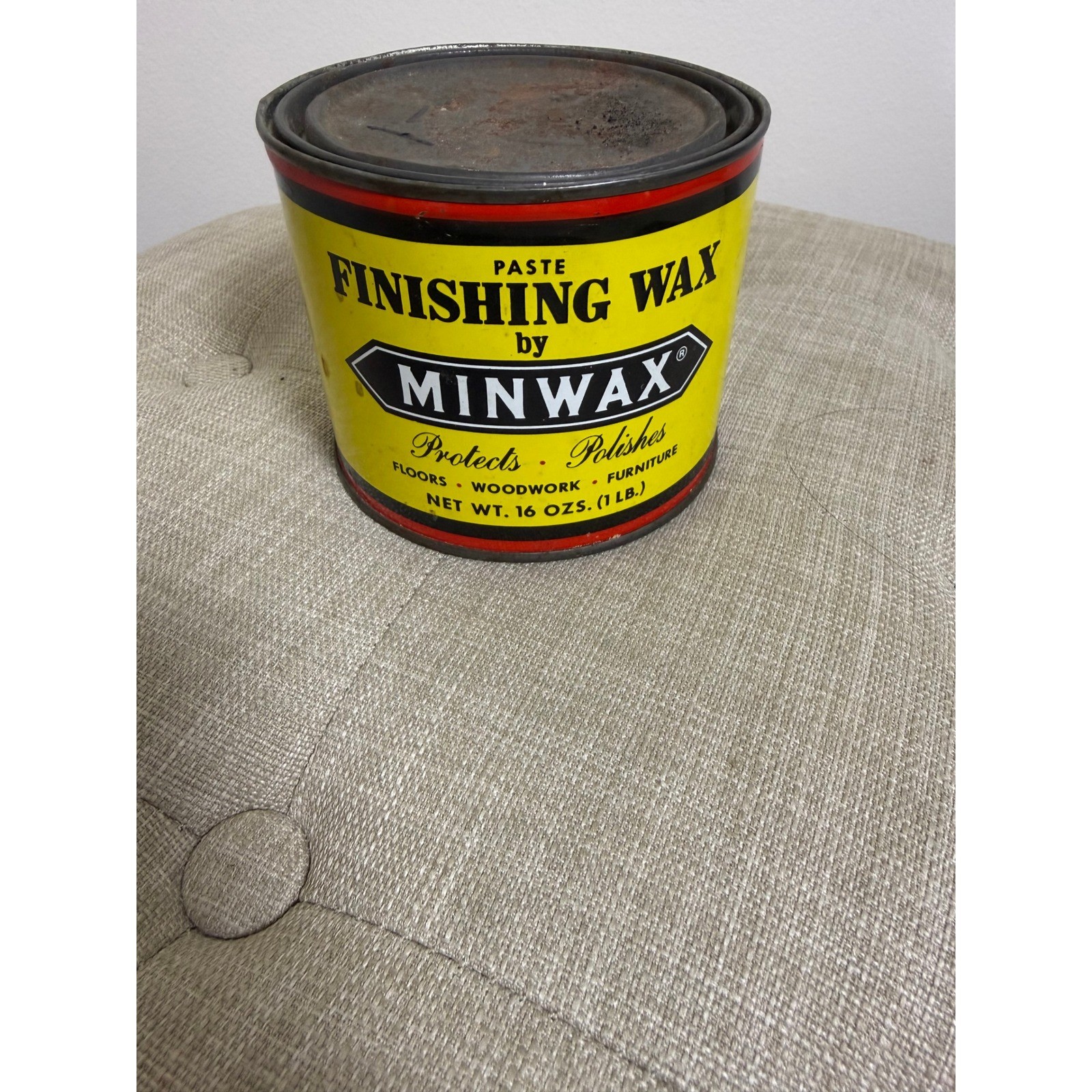 Vintage Minwax Paste Finishing Wax Tin Can Yellow Rustic Farmhouse Advertising